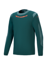 Alpinestars A-Dura Dri Wool Jersey - Long Sleeve, Dark Pine Green, Performance Mountain Bike Jersey with orange chest logo, light gray mesh panels, and round neck