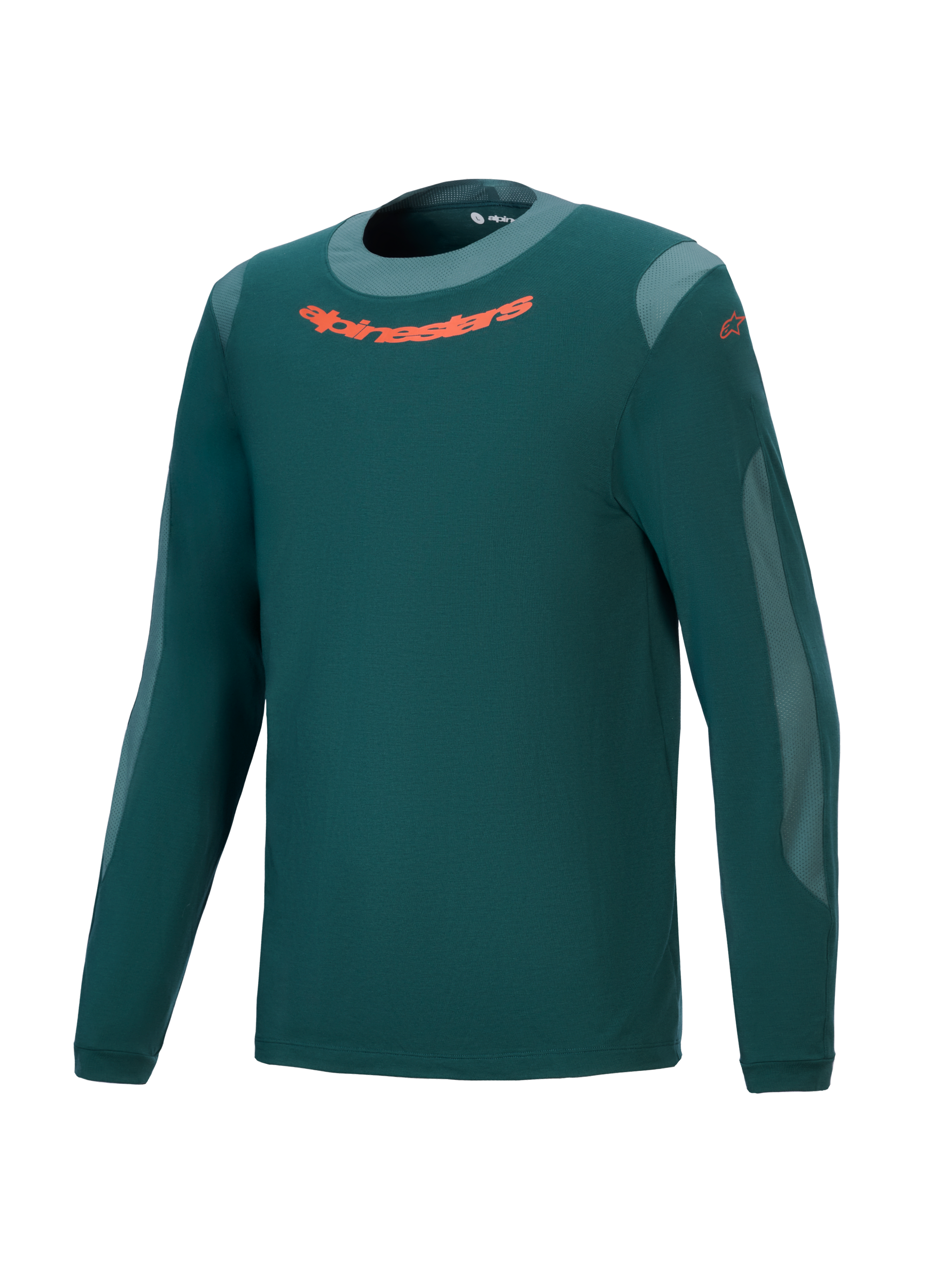 Alpinestars A-Dura Dri Wool Jersey - Long Sleeve, Dark Pine Green, Performance Mountain Bike Jersey with orange chest logo, light gray mesh panels, and round neck