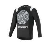 Alpinestars A-Supra Oscar Long Sleeve Jersey, Black cycling jersey, featuring a large white Oscar spiral graphic on the chest, white shoulder accents, Alpinestars logo, lightweight and breathable for MTB gravity riding