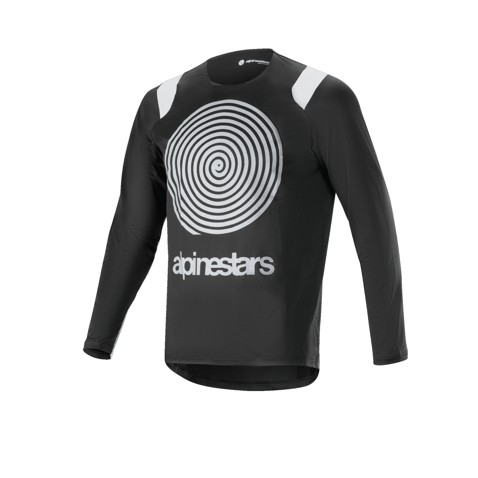 Alpinestars A-Supra Oscar Long Sleeve Jersey, Black cycling jersey, featuring a large white Oscar spiral graphic on the chest, white shoulder accents, Alpinestars logo, lightweight and breathable for MTB gravity riding