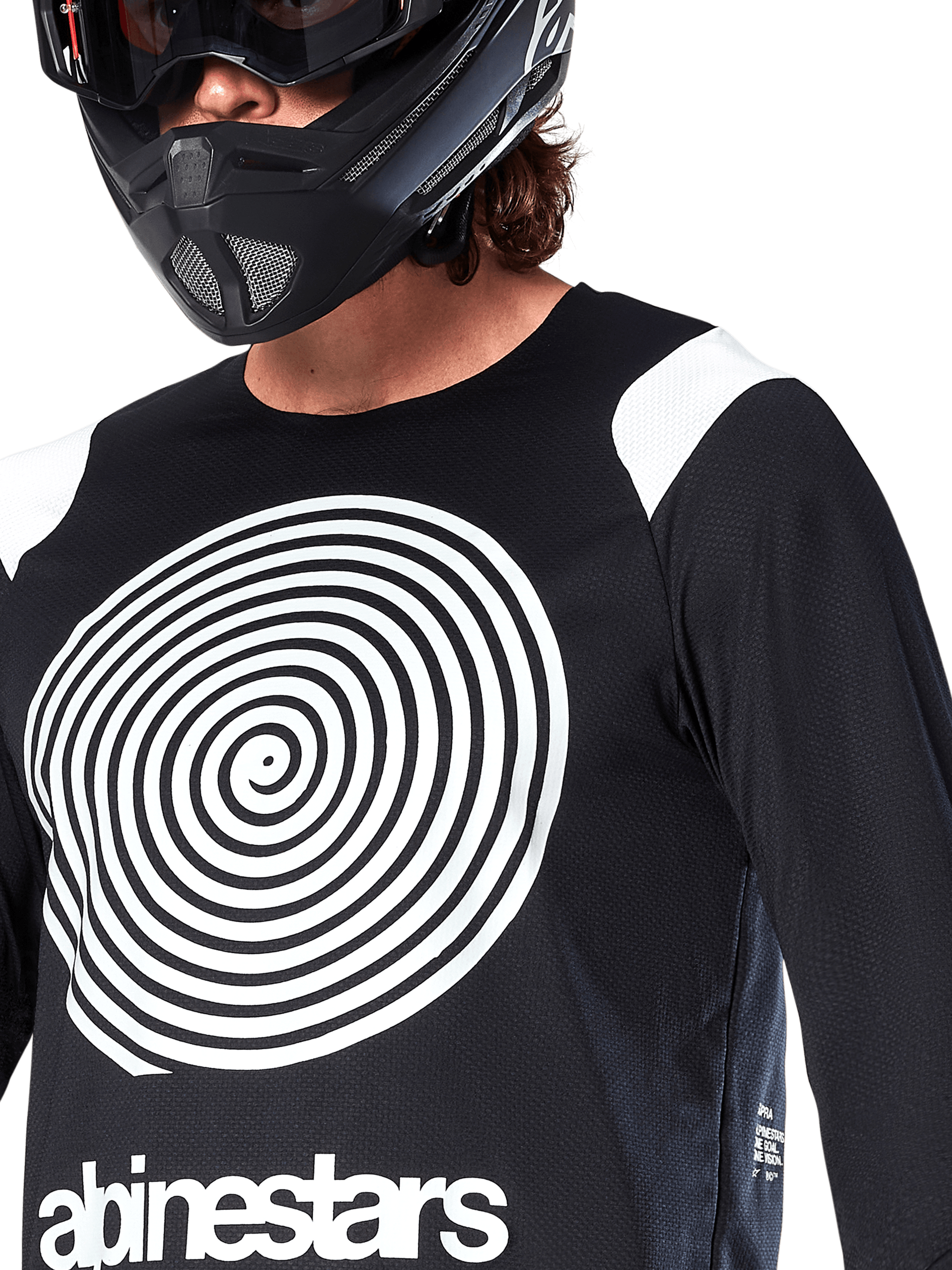 Alpinestars A-Supra Oscar Jersey, Long Sleeve, Black, featuring a large white Oscar spiral graphic on the chest and brand logo, worn by a rider with a black full-face helmet and goggles, performance mountain bike apparel for gravity riding