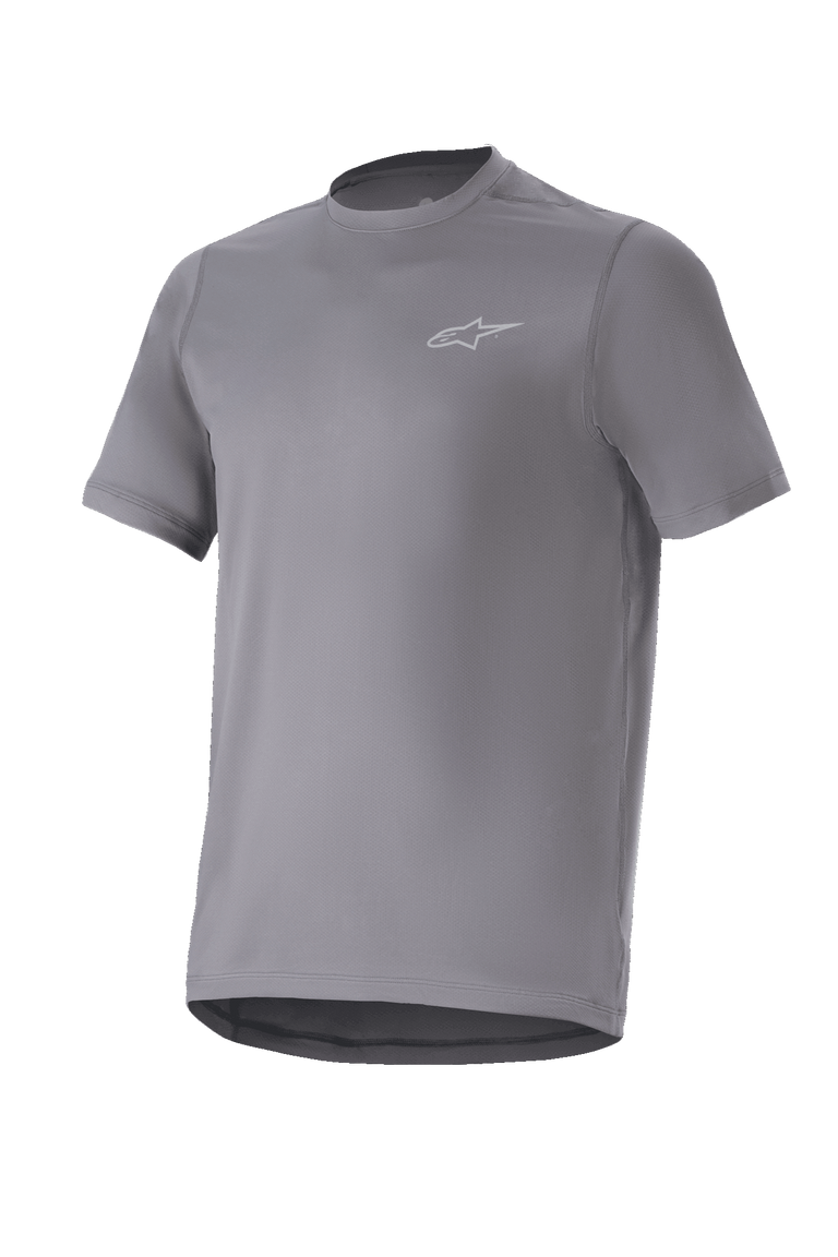 Alpinestars A-Dura Astar Jersey, Short Sleeve Mountain Bike Jersey, Dark Gray, featuring a small silver logo on the chest, crew neck and drop tail, moisture-wicking performance fabric, MTB trail riding