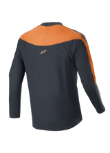 Alpinestars A-Supra Race Jersey - Long Sleeve, MTB Jersey, Black and Orange, rear view showing orange shoulder and sleeve panels, small Alpinestars logo on the upper back, dropped tail design for cycling coverage