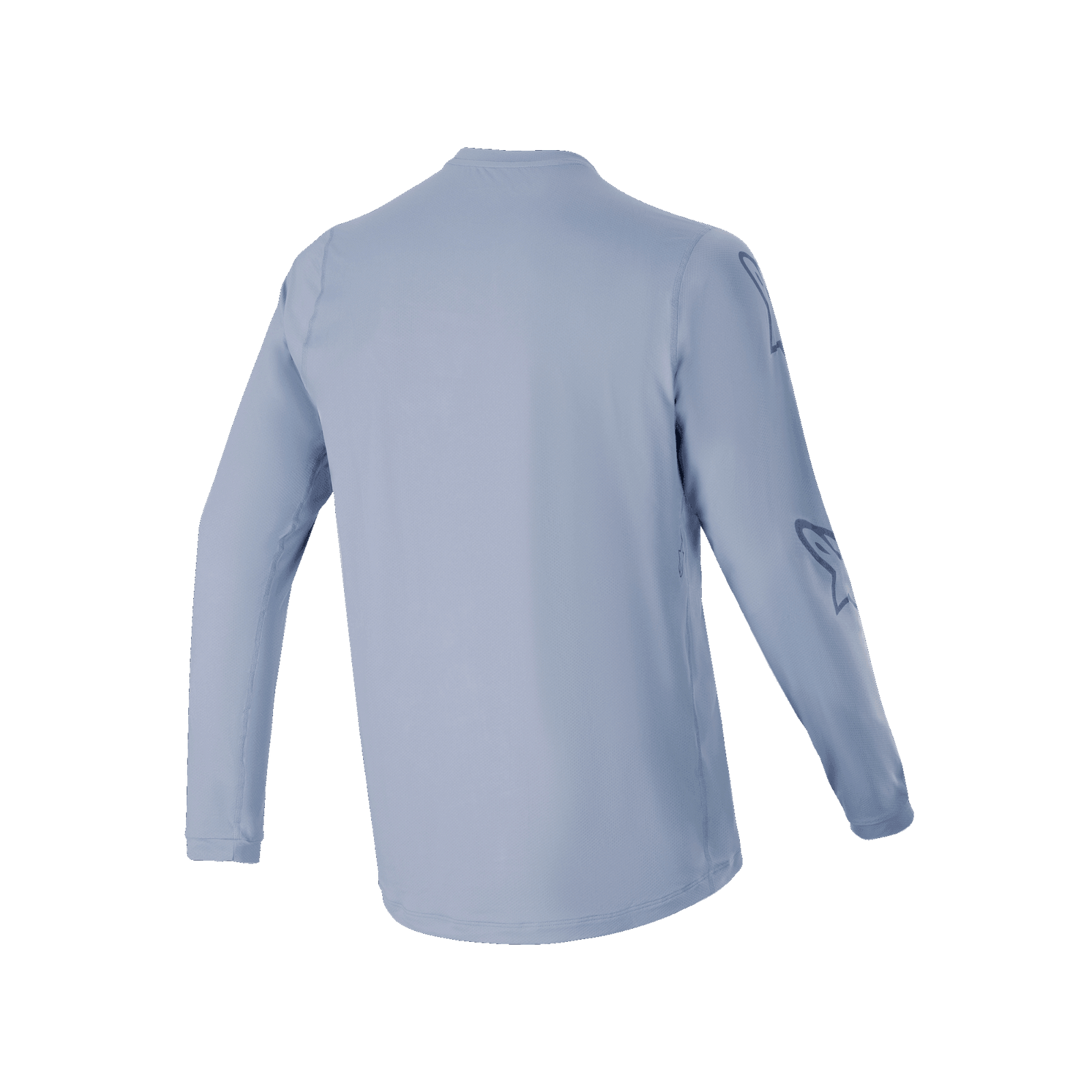 Alpinestars A-Dura Switch Long Sleeve Jersey, Infinity Blue, back view, lightweight jacquard fabric with dropped tail, subtle logo graphics on the sleeve, technical MTB cycling apparel
