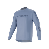 Alpinestars A-Dura Switch Long Sleeve Jersey, Infinity Blue, light blue mountain bike jersey with dark blue screen-printed logo on chest and star logos on sleeves, lightweight performance fabric for trail riding