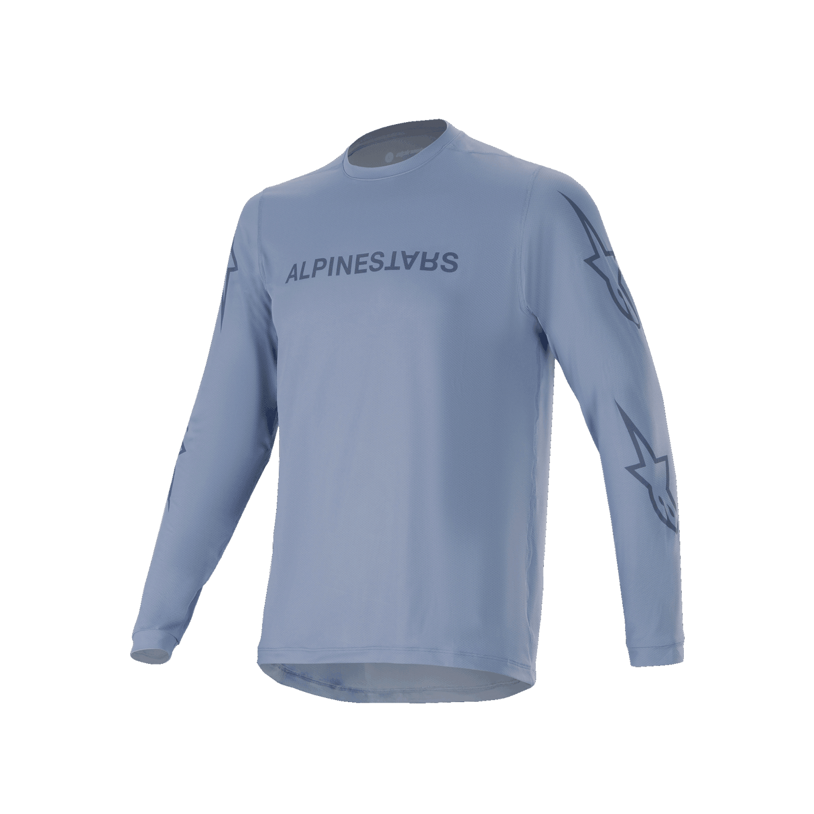 Alpinestars A-Dura Switch Long Sleeve Jersey, Infinity Blue, light blue mountain bike jersey with dark blue screen-printed logo on chest and star logos on sleeves, lightweight performance fabric for trail riding
