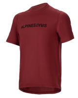Alpinestars A-Dura Switch Jersey, Short Sleeve MTB Jersey, Burgundy, Black wordmark logo on chest, lightweight moisture-wicking fabric, round neck and drop tail, designed for off-road cycling