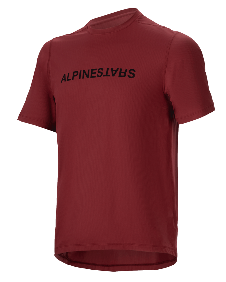 Alpinestars A-Dura Switch Jersey, Short Sleeve MTB Jersey, Burgundy, Black wordmark logo on chest, lightweight moisture-wicking fabric, round neck and drop tail, designed for off-road cycling