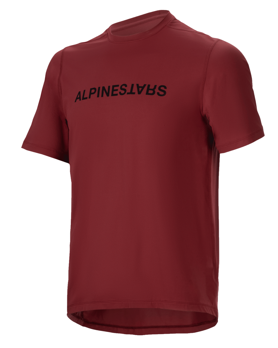 Alpinestars A-Dura Switch Jersey, Short Sleeve MTB Jersey, Burgundy, Black wordmark logo on chest, lightweight moisture-wicking fabric, round neck and drop tail, designed for off-road cycling