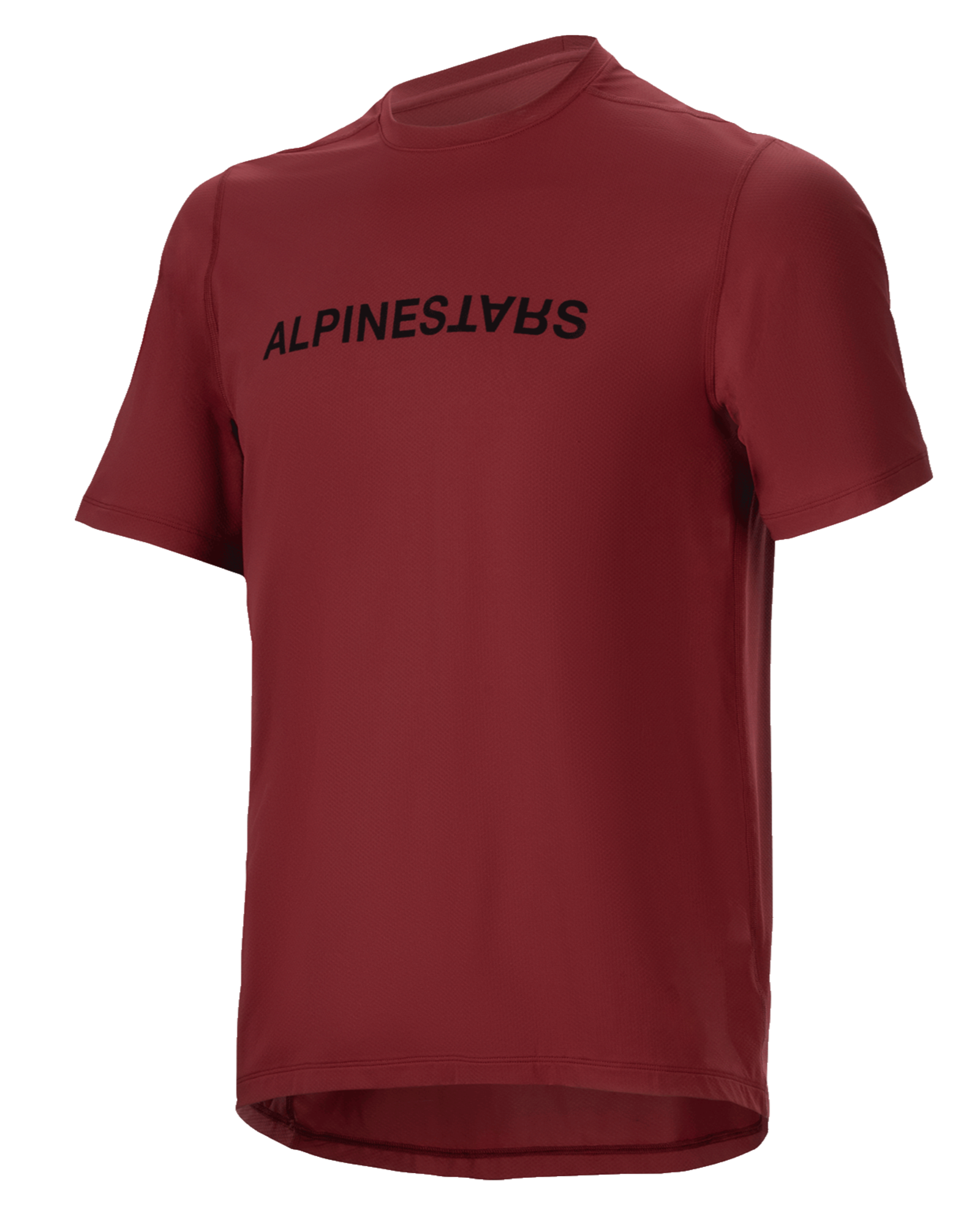 Alpinestars A-Dura Switch Jersey, Short Sleeve MTB Jersey, Burgundy, Black wordmark logo on chest, lightweight moisture-wicking fabric, round neck and drop tail, designed for off-road cycling