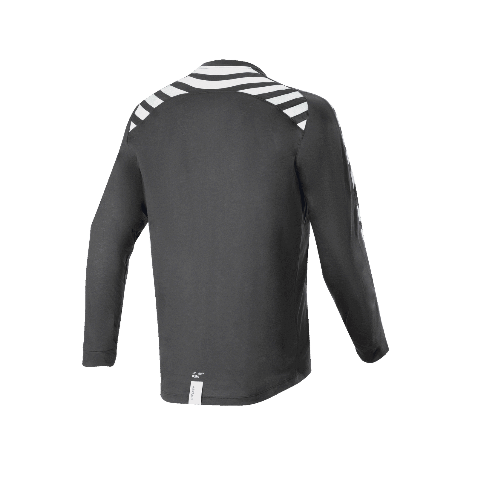 Alpinestars A-Dura Dri Oscar Long Sleeve Jersey, Black Reflective, back view featuring white reflective stripes on shoulders and arms, technical recycled drirelease fabric, longer drop tail hem for off-road cycling