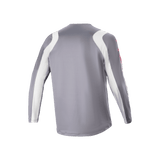 Alpinestars A-Supra Astar Long Sleeve Jersey, Dark Gray and White, back view showing ventilated mesh texture and longer drop tail, performance cycling gear for MTB