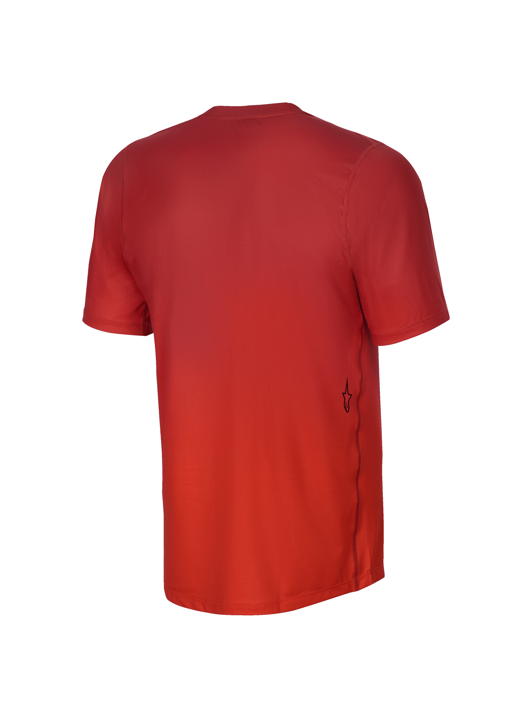 Alpinestars Youth A-Dura Rise Short Sleeve Jersey, Back View, Spicy Orange, featuring a jacquard fabric texture, a small black Astars logo on the lower side, and a dropped tail hem for mountain biking coverage.