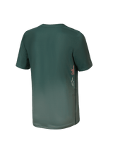 Alpinestars Youth A-Dura Rise Jersey, Short Sleeve MTB Jersey, Silver Pine Green, rear view featuring vertical A-DURA and Astars logo branding on the side, dropped tail hem, technical moisture-wicking fabric