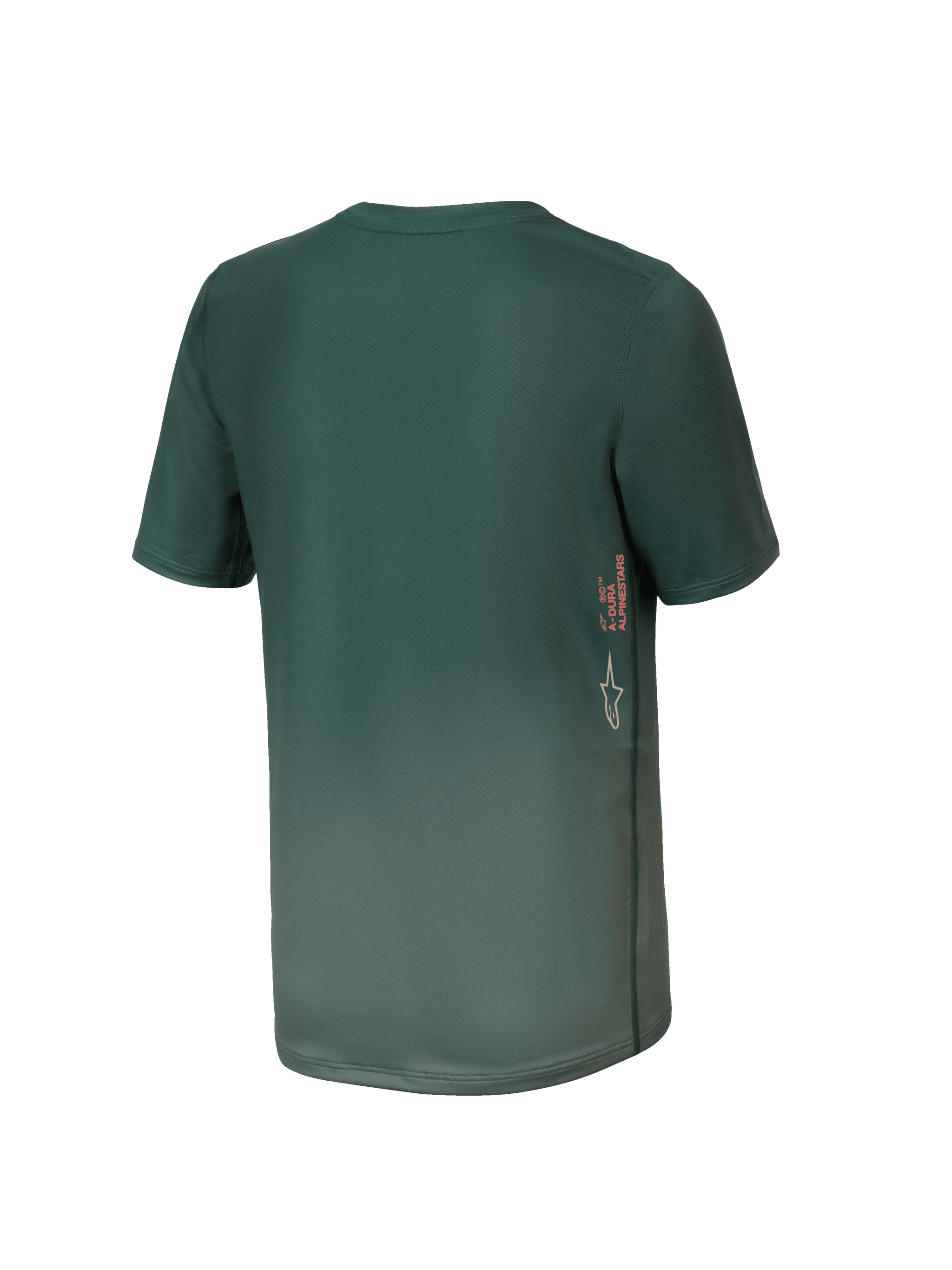 Alpinestars Youth A-Dura Rise Jersey, Short Sleeve MTB Jersey, Silver Pine Green, rear view featuring vertical A-DURA and Astars logo branding on the side, dropped tail hem, technical moisture-wicking fabric