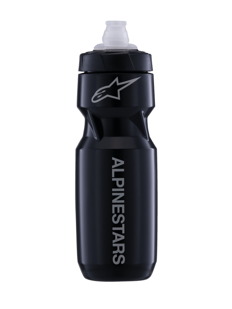 Alpinestars Water Bottle Alps, 24oz black and white MTB cycling bottle with a leak-proof MoFlo cap.