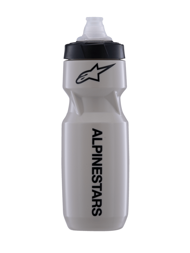 Alpinestars Water Bottle Alps 24Oz, Ecru with Black Cap, Cycling Water Bottle with MoFlo Spout, Sleek Contoured Design, Black Alpinestars Logo and Vertical Branding, Durable Polypropylene construction