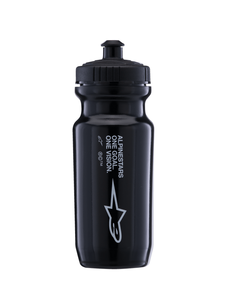 Alpinestars Ogov 20oz Water Bottle, black MTB squeeze bottle for trail hydration with hands-free valve and white branding.
