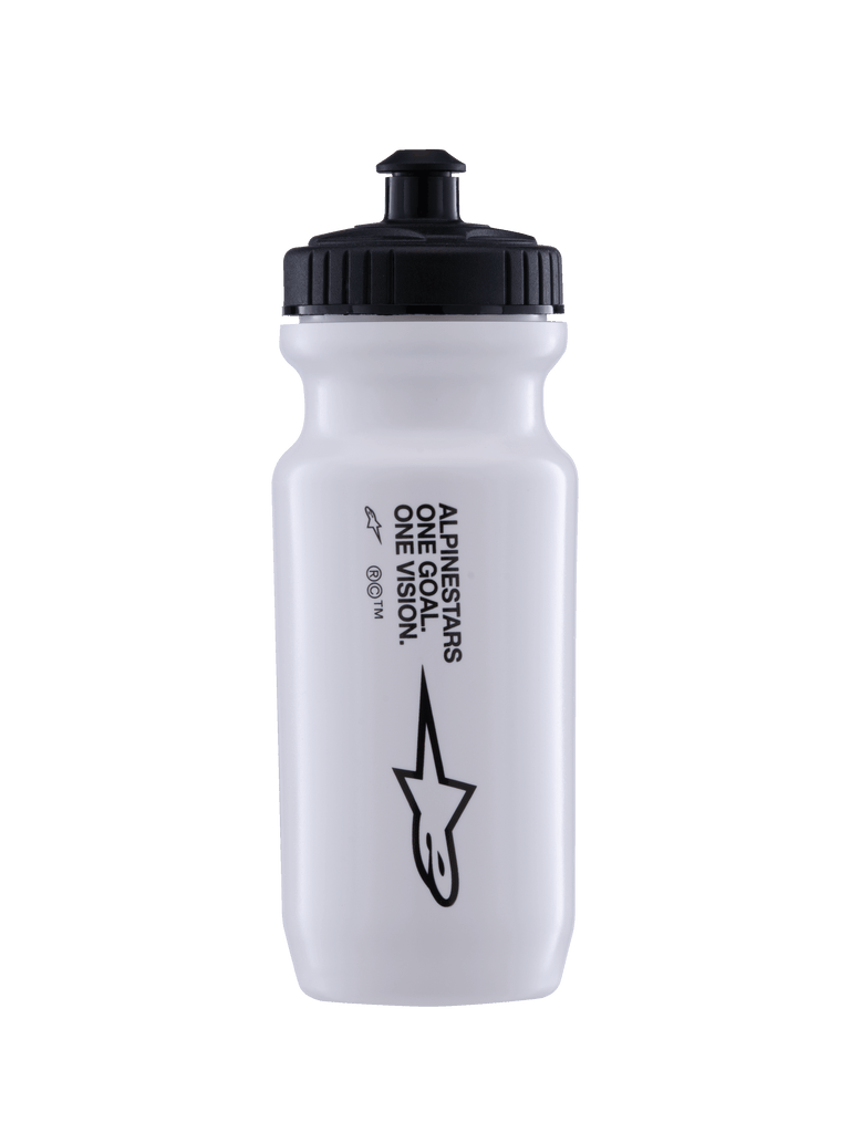 Alpinestars Water Bottle Ogov 20Oz, White with Black Cap, featuring 'One Goal One Vision' text and Alpinestars logo, push-pull spout, cylindrical squeeze design for cycling hydration
