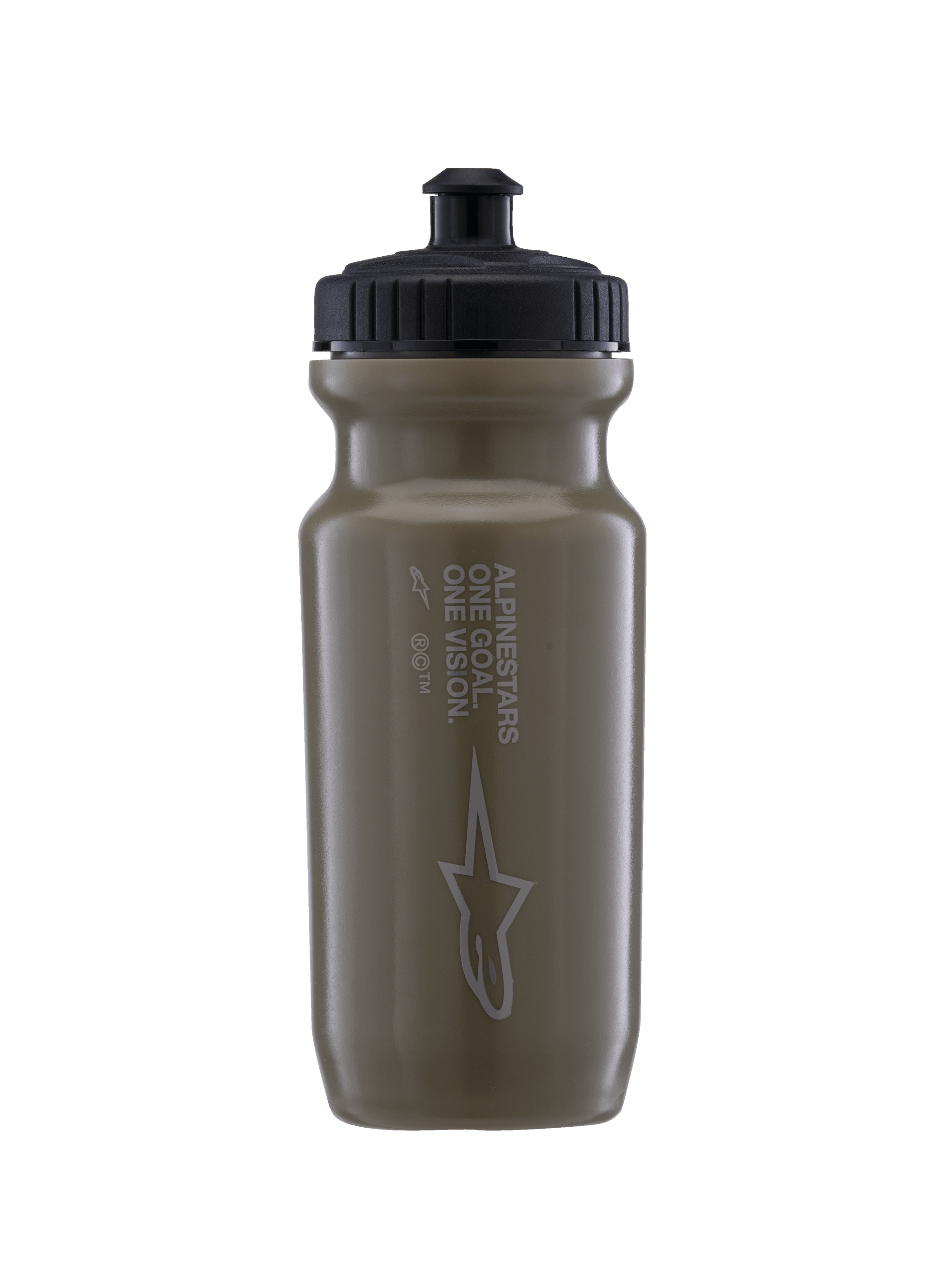 Alpinestars Water Bottle Ogov - 20Oz, Sports Water Bottle, Military Green with Black Cap, matte finish with star logo and "One Goal One Vision" vertical text, ridged grip cap with hands-free valve spout