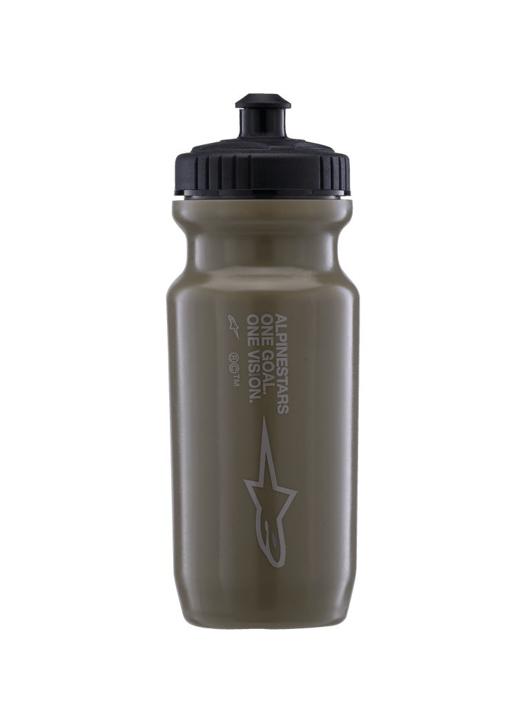 Alpinestars Water Bottle Ogov - 20Oz, Sports Water Bottle, Military Green with Black Cap, matte finish with star logo and "One Goal One Vision" vertical text, ridged grip cap with hands-free valve spout