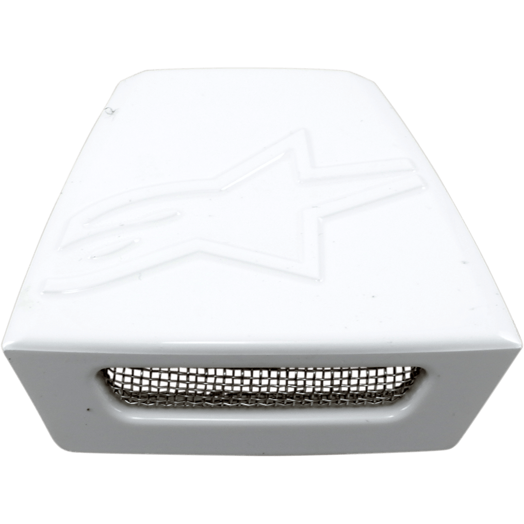 Alpinestars Supertech M10/M8 Helmet Rear Vent Frame, Glossy White replacement part, embossed Astar logo on top, rectangular opening with metal mesh grille, motocross helmet accessory