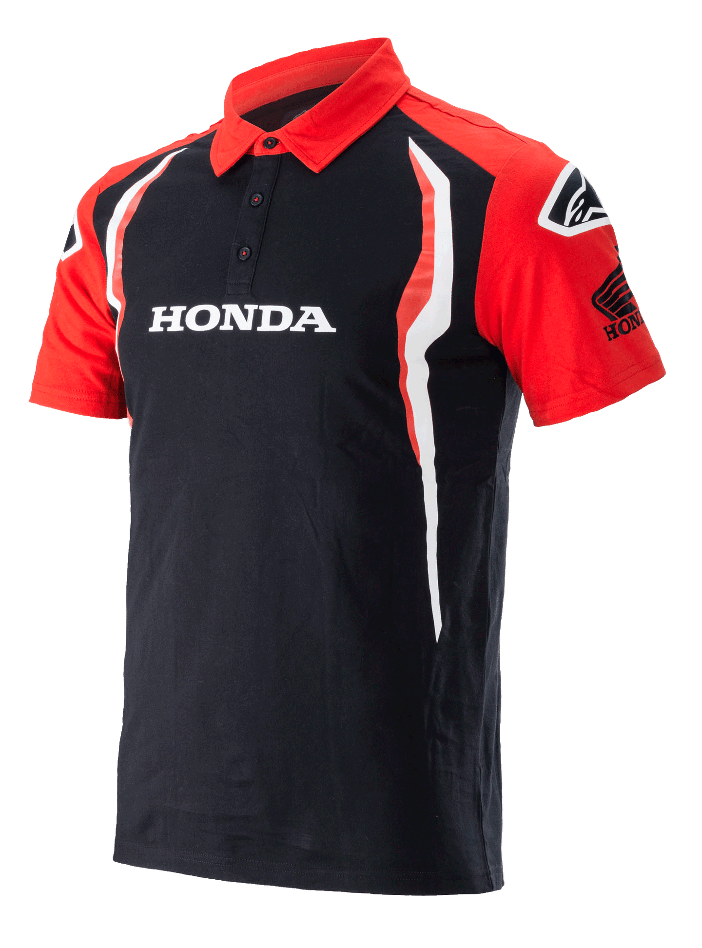 Alpinestars Honda Polo, Short Sleeve Polo Shirt, Black and Red, featuring a three-button placket, white Honda logo on the chest, Honda Wing logo on the sleeve, and vertical white and red side accents.