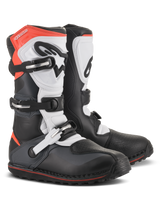 Alpinestars Tech-T Boots, Motorcycle Trials Boots, Black White and Red Fluo, featuring a triple buckle closure system, ergonomic shin plate, textured toe protection, and a low-profile lugged sole, technical off-road footwear design