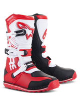 Alpinestars Tech-T Boots, Motorcycle Trials Boots, Bright Red Black and White, featuring a white ergonomic shinplate with red branding, three adjustable buckles, black protective panels, and a red textured sole for trials riding performance