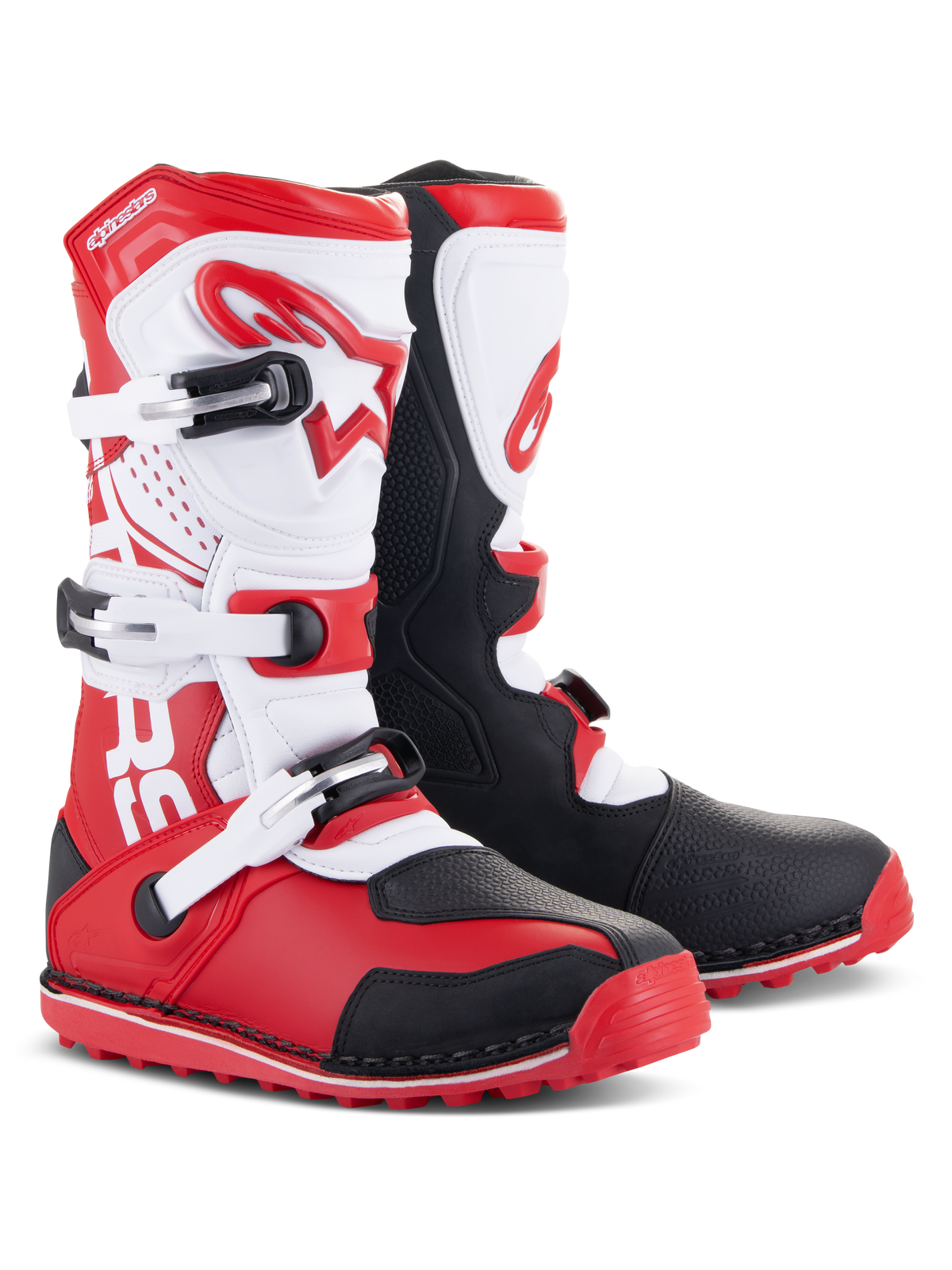 Alpinestars Tech-T Boots, Motorcycle Trials Boots, Bright Red Black and White, featuring a white ergonomic shinplate with red branding, three adjustable buckles, black protective panels, and a red textured sole for trials riding performance
