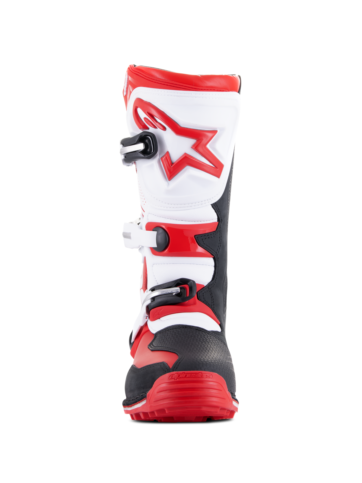 Alpinestars Tech-T Boots, Motorcycle Trials Boots, Bright Red Black and White, front view featuring an ergonomic white shin plate with a red star logo, three-buckle closure system, and a rugged black and red toe area, designed for off-road trials riding