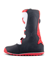 Alpinestars Tech-T Boots, Trials Boots, Bright Red Black and White, side profile showing ergonomic white shinplate with red logo, black textured panels, and red lugged sole for off-road traction