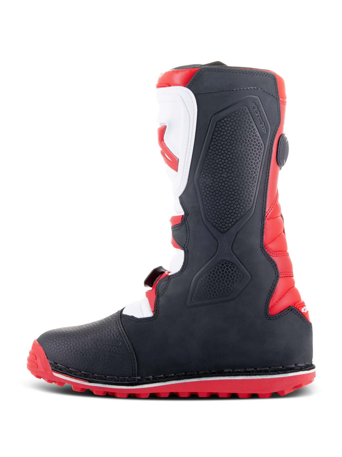 Alpinestars Tech-T Boots, Trials Boots, Bright Red Black and White, side profile showing ergonomic white shinplate with red logo, black textured panels, and red lugged sole for off-road traction