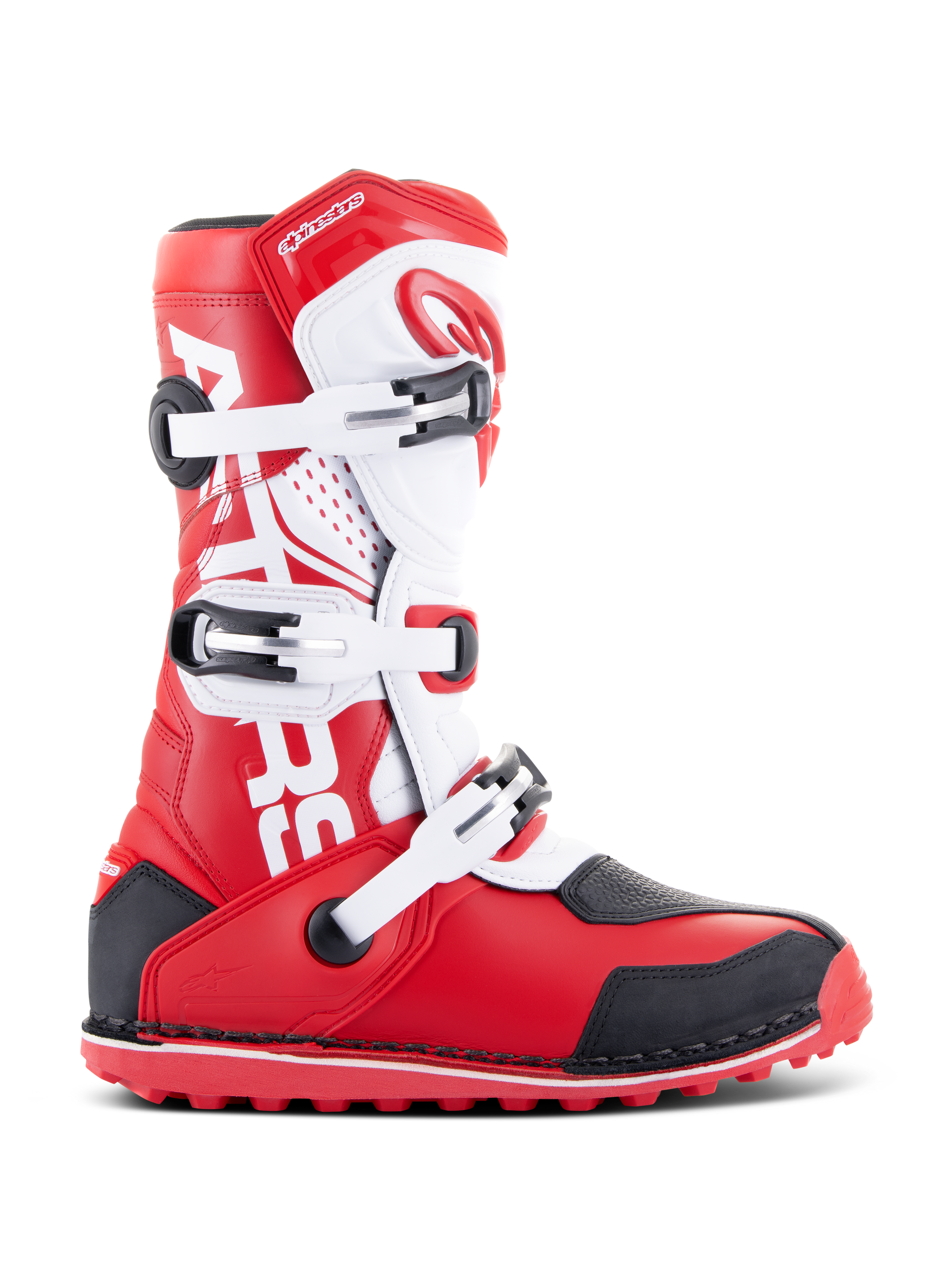 Alpinestars Tech-T Boots, Motorcycle Trials Boots, Bright Red Black and White, featuring three adjustable buckles, ergonomic shinplate, and red textured sole for off-road trials performance