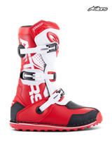 Alpinestars Tech-T Boots, motorcycle trials and off-road boots, bright red, black, and white, leather and microfiber construction with three-buckle closure and ergonomic shin plate