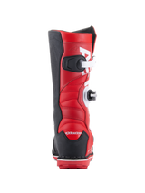 Alpinestars Tech-T Boots, Trials Motorcycle Boots, Bright Red Black and White, rear view showing white buckle closures, black heel and side panels, and padded red leather upper for off-road trials riding