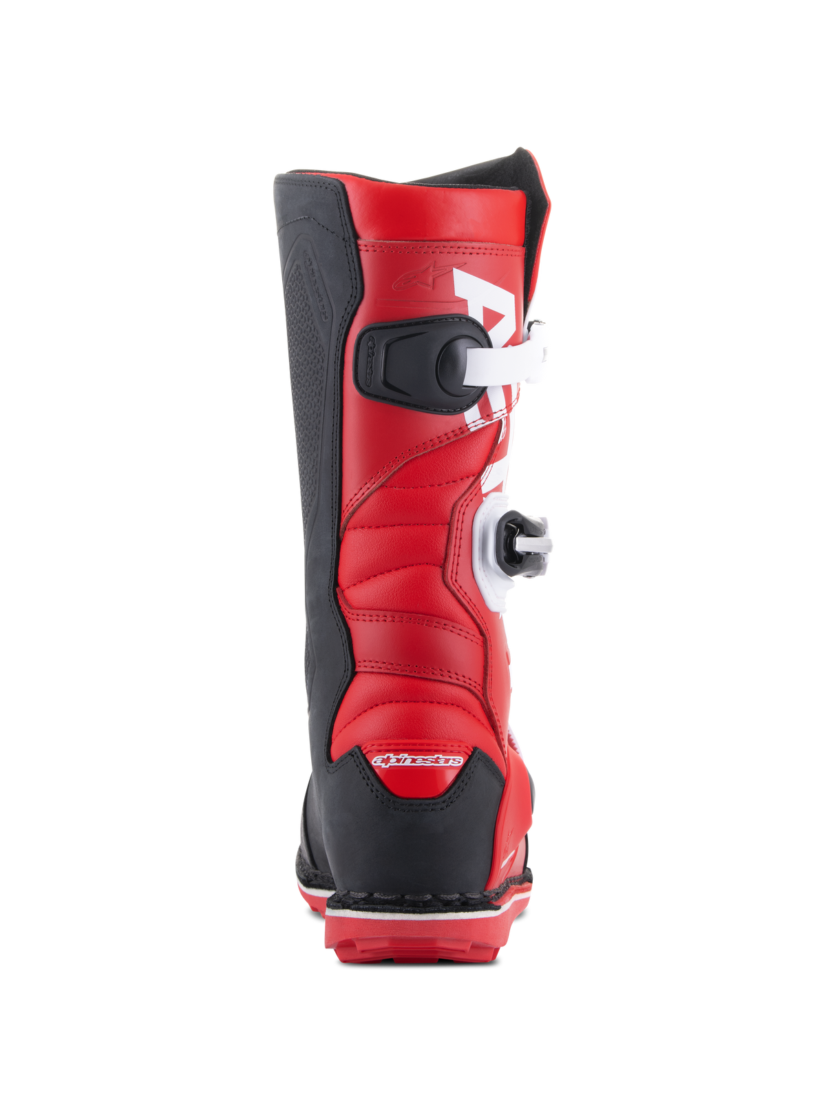 Alpinestars Tech-T Boots, Trials Motorcycle Boots, Bright Red Black and White, rear view showing white buckle closures, black heel and side panels, and padded red leather upper for off-road trials riding
