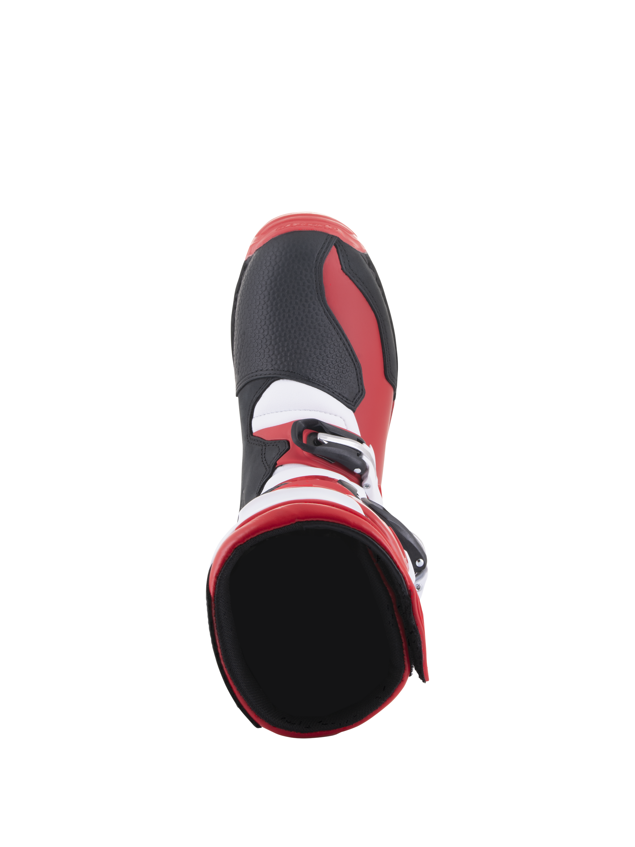 Alpinestars Tech-T Boots, Trials Motorcycle Boots, Bright Red Black White, top-down view showing the interior ankle opening and toe area, featuring black textured panels, red side accents, and white detailing, designed for off-road performance.