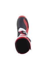 Alpinestars Tech-T Boots, Trials Motorcycle Boots, Bright Red Black White, top-down view showing the interior ankle opening and toe area, featuring black textured panels, red side accents, and white detailing, designed for off-road performance.