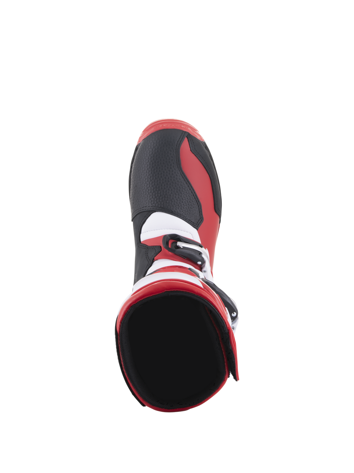 Alpinestars Tech-T Boots, Trials Motorcycle Boots, Bright Red Black White, top-down view showing the interior ankle opening and toe area, featuring black textured panels, red side accents, and white detailing, designed for off-road performance.