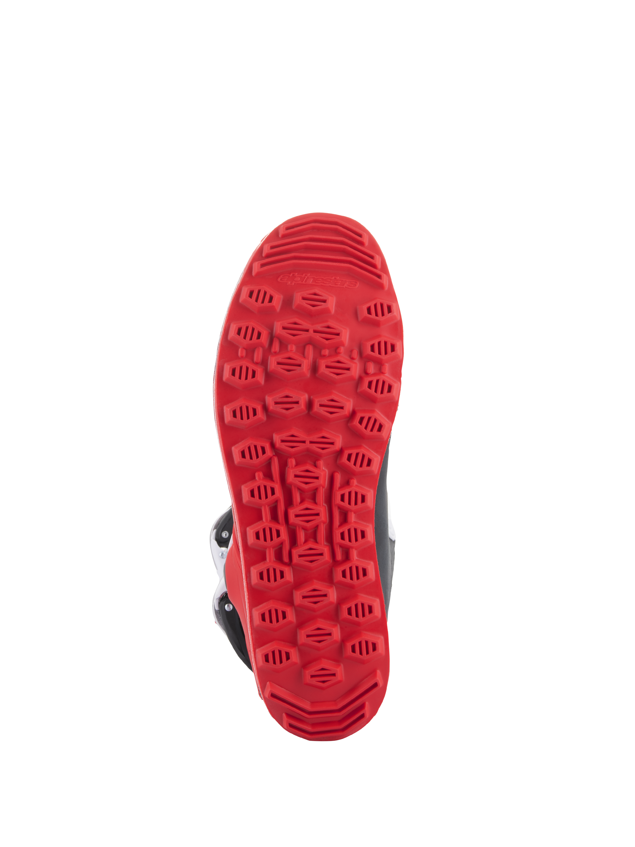 Alpinestars Tech-T Boots, Bright Red Black White, proprietary bright red textured rubber sole designed for trials riding grip and footpeg sensitivity