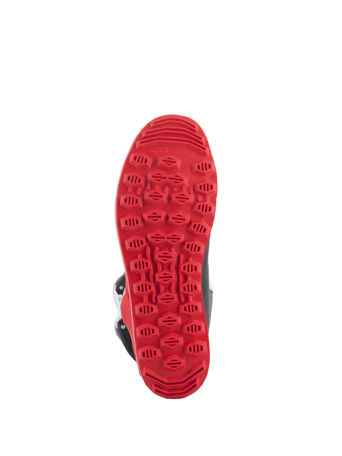 Alpinestars Tech-T Boots, Bright Red Black White, proprietary bright red textured rubber sole designed for trials riding grip and footpeg sensitivity