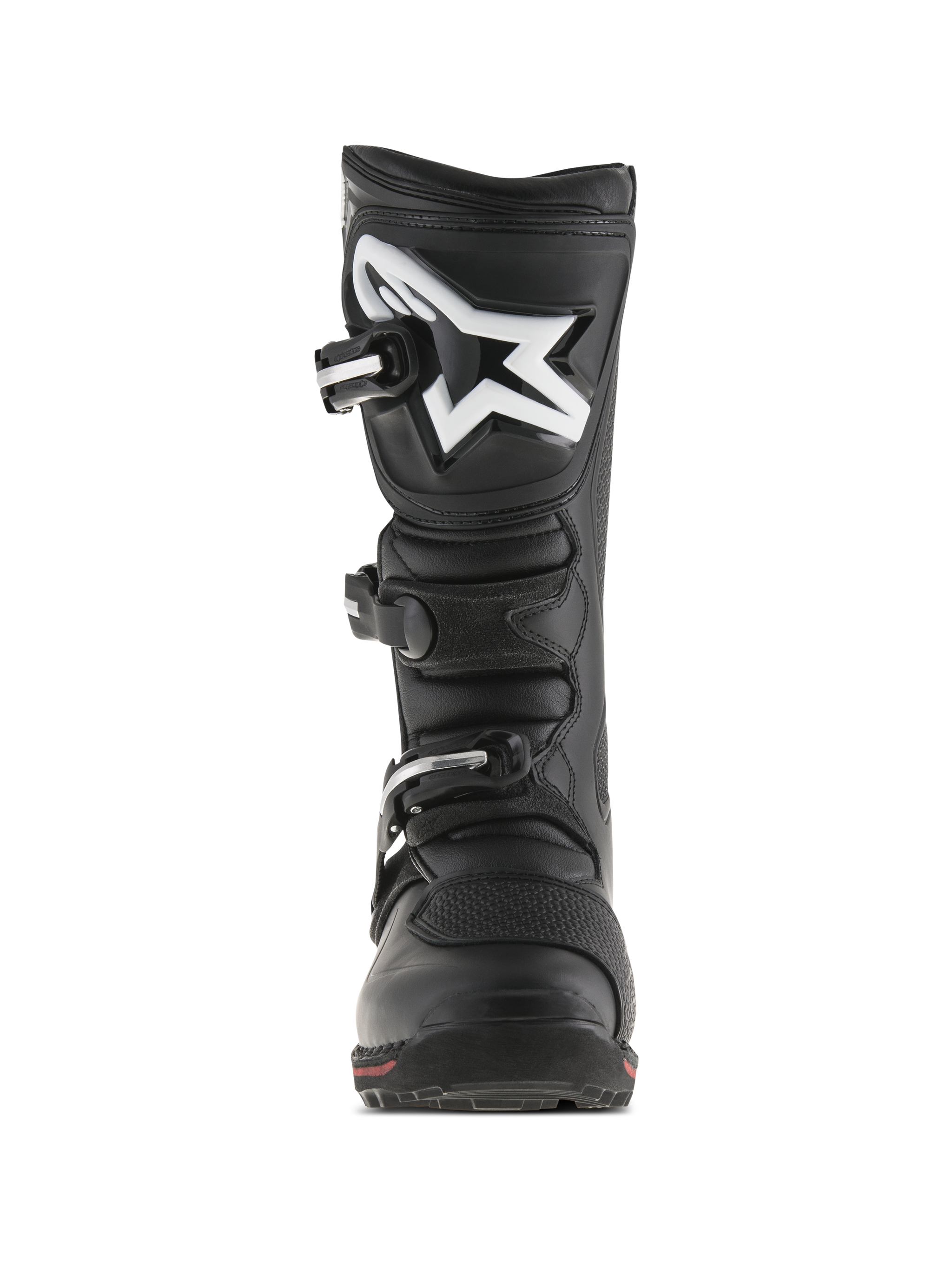 Alpinestars Tech-T Boots, Trials Motorcycle Boots, Black and Red, front view featuring ergonomic shin plate with white Astar logo, three-buckle closure system, and durable leather construction with a red accent on the sole.