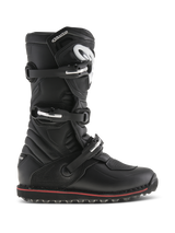 Alpinestars Tech-T Boots, Trials and Off-Road Motorcycle Boots, Black with Red Accent, side profile view featuring three adjustable buckles, white logo on ergonomic shinplate, textured leather panels, and rugged high-grip sole for bike control
