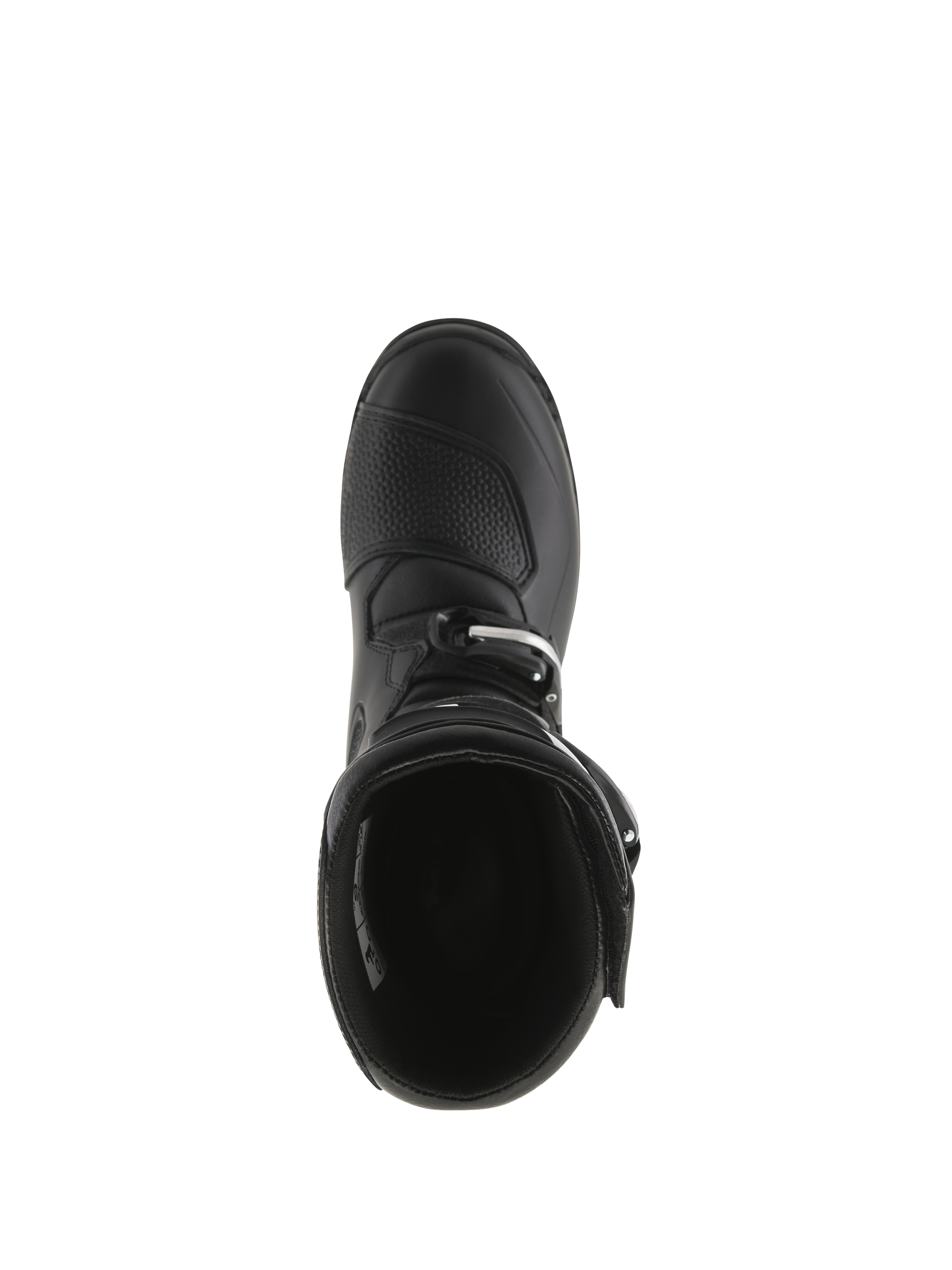 Alpinestars Tech-T Boots, Trials Motorcycle Boots, Black, top-down view showing the interior opening, textured shift pad on the toe, and buckle closure