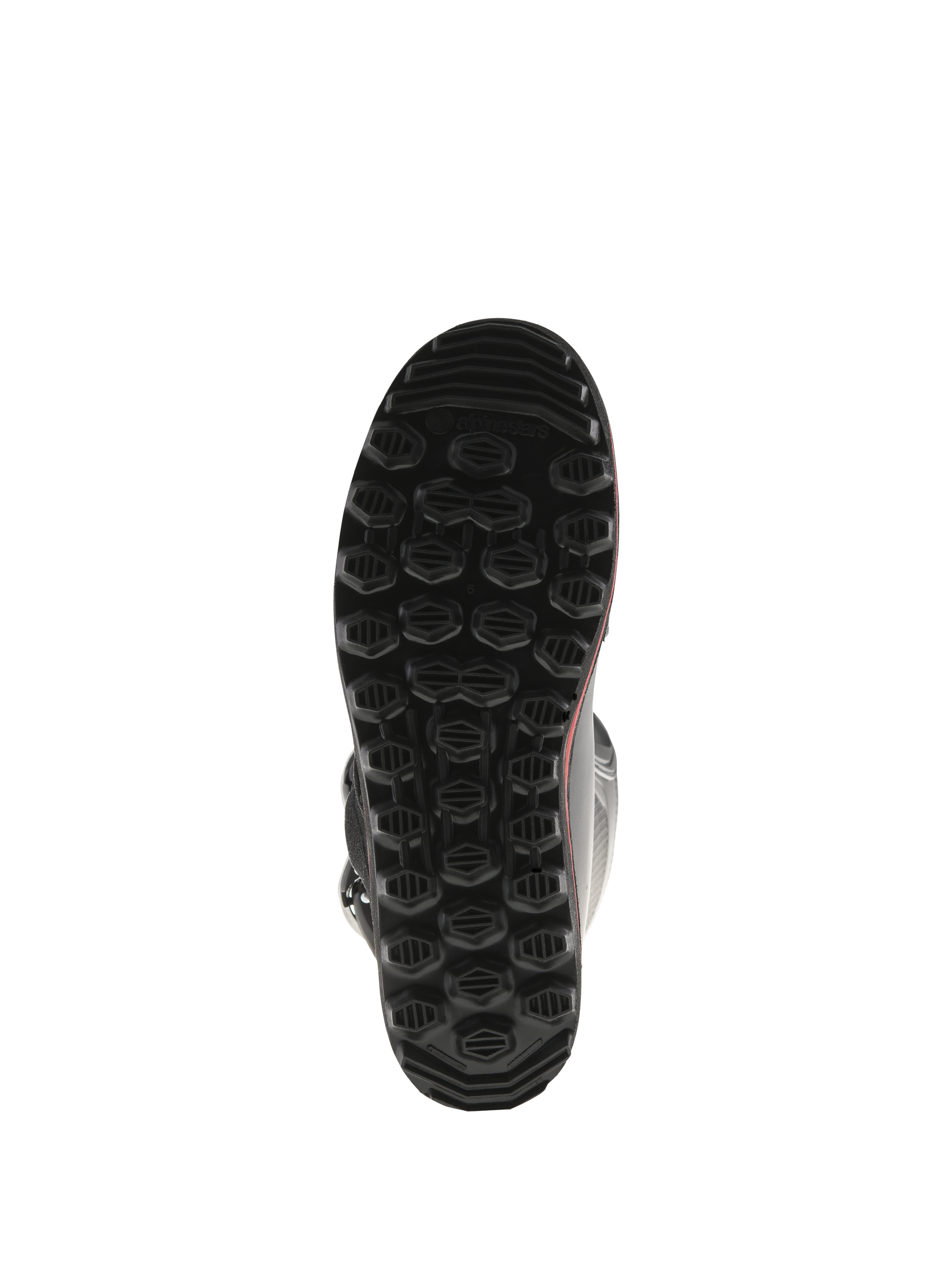 Alpinestars Tech-T Boots, Bottom View of Sole, Black with Red accents, featuring textured hexagonal lug pattern, proprietary trials sole designed for maximum grip and sensitivity on foot pegs