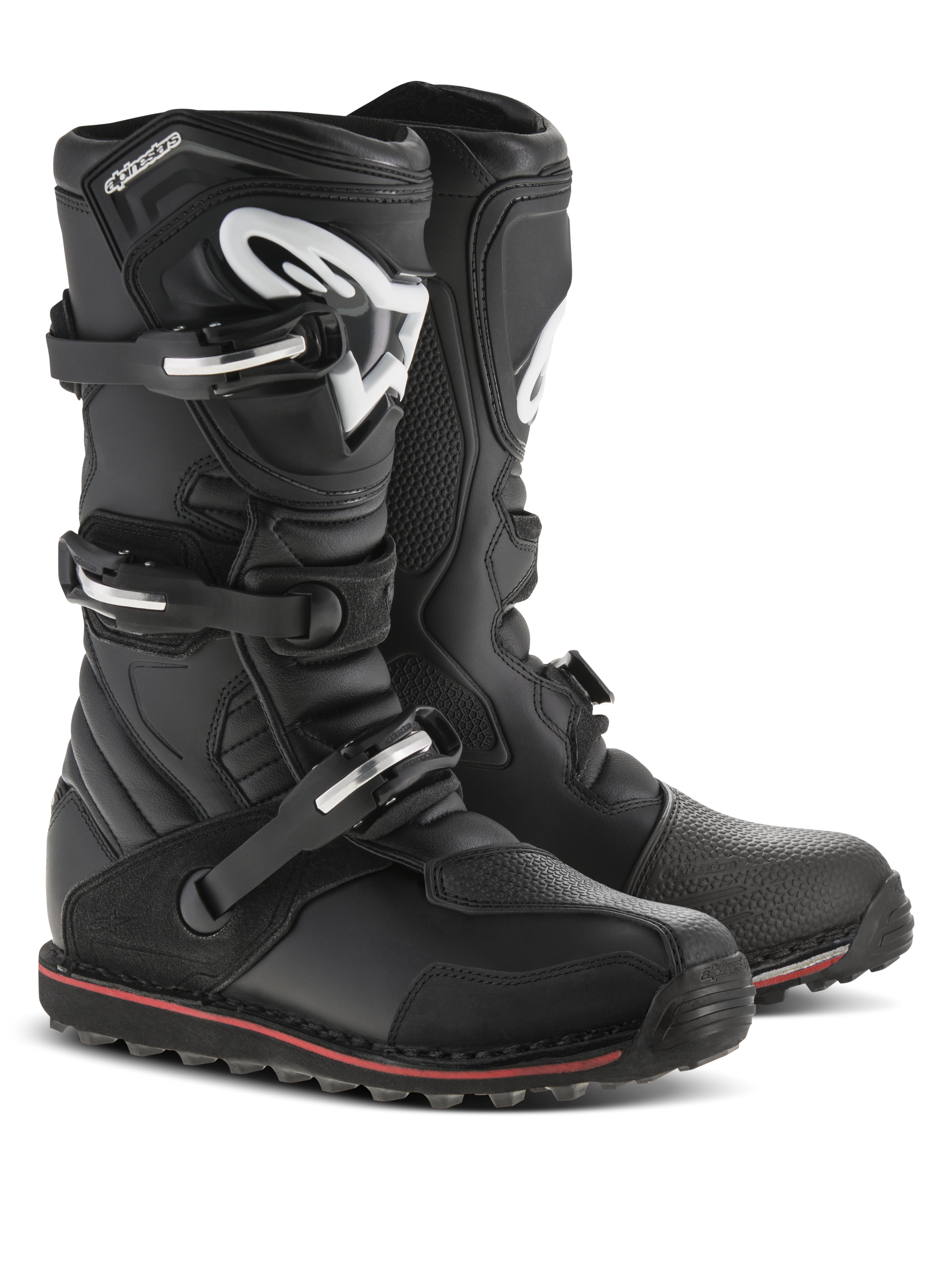 Alpinestars Tech-T Boots, Trials Motorcycle Boots, Black with Red and White accents, features three buckle closure system, ergonomic shin plate with white Astars logo, thin red stripe along the sole, durable leather construction for trials and off-road riding