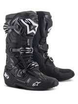 Alpinestars Tech 10 Boots, Motocross Boots, Black, featuring white Alpinestars logos, triple buckle closure system, rugged TPU shell with reinforced ankle protection, streamlined design for high-performance off-road racing