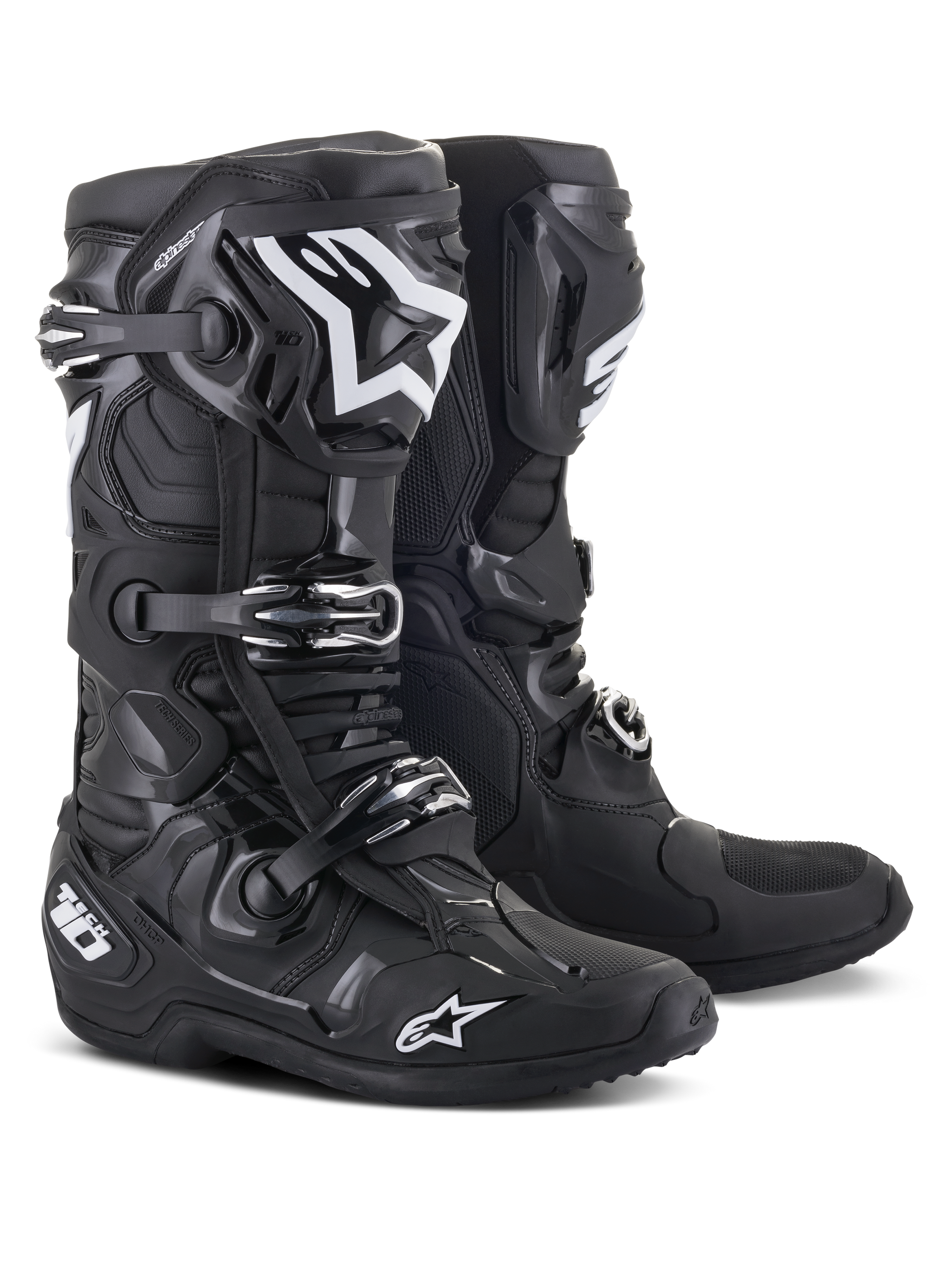 Alpinestars Tech 10 Boots, Motocross Boots, Black, featuring white Alpinestars logos, triple buckle closure system, rugged TPU shell with reinforced ankle protection, streamlined design for high-performance off-road racing
