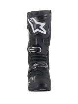 Alpinestars Tech 10 Boots, Motocross Boots, Black with large white star logo on the shin, front view, featuring silver buckles and advanced TPU shell construction for off-road protection.